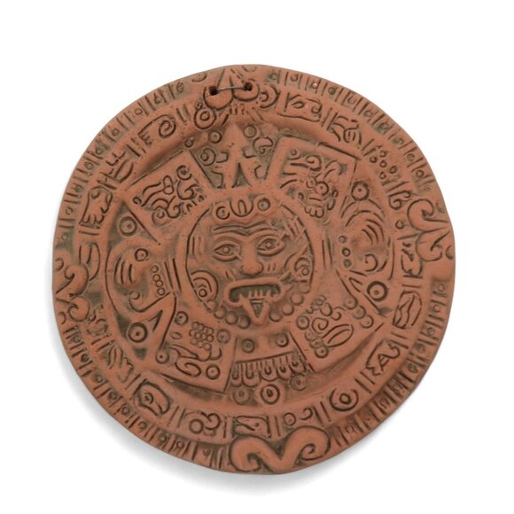 Mayan AZTEC Sun CALENDAR Wall Plaque in Clay Brown Terracotta Handmade - Picture 1 of 9